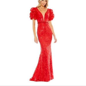 MAC DUGGAL EMBELLISHED PUFF SLEEVE PLUNGE NECK TRUMPET GOWN 12421- SIZE 10